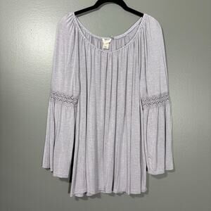 Tru Self Gray Crochet Lace Trim Boho Peasant Blouse - 1X - Women's Plus Size Top